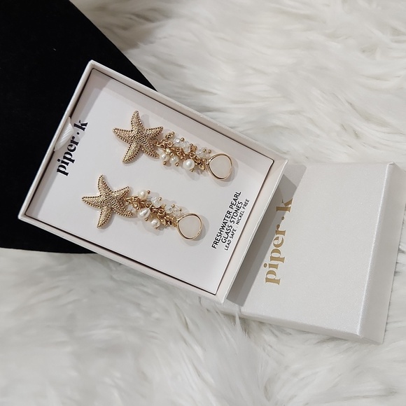 🔹 Piper k🔹Gold Starfish Freshwater Pearl Cluster Glass Stone Dangle Earrings ✨ - Picture 7 of 10